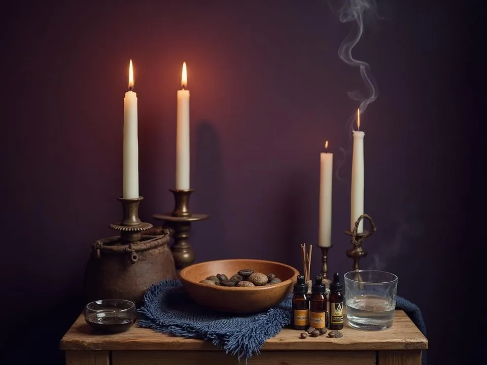 Illustration — Petite table d'autel : bougies, cauris, huiles et tissu indigo dans une lumière chaude