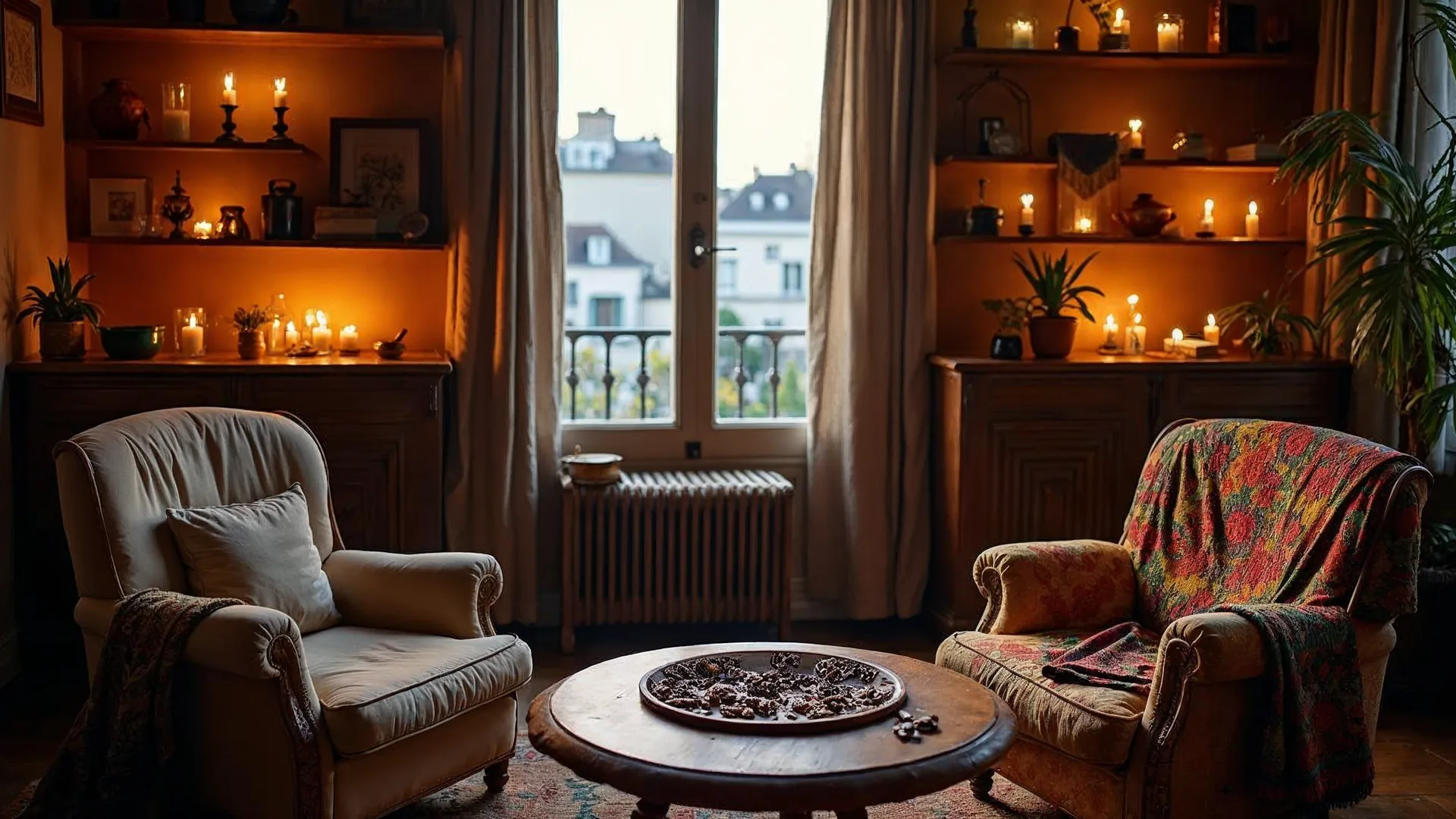Illustration — Salle de consultation spirituelle à Paris : objets rituels, bougies et tissus africains